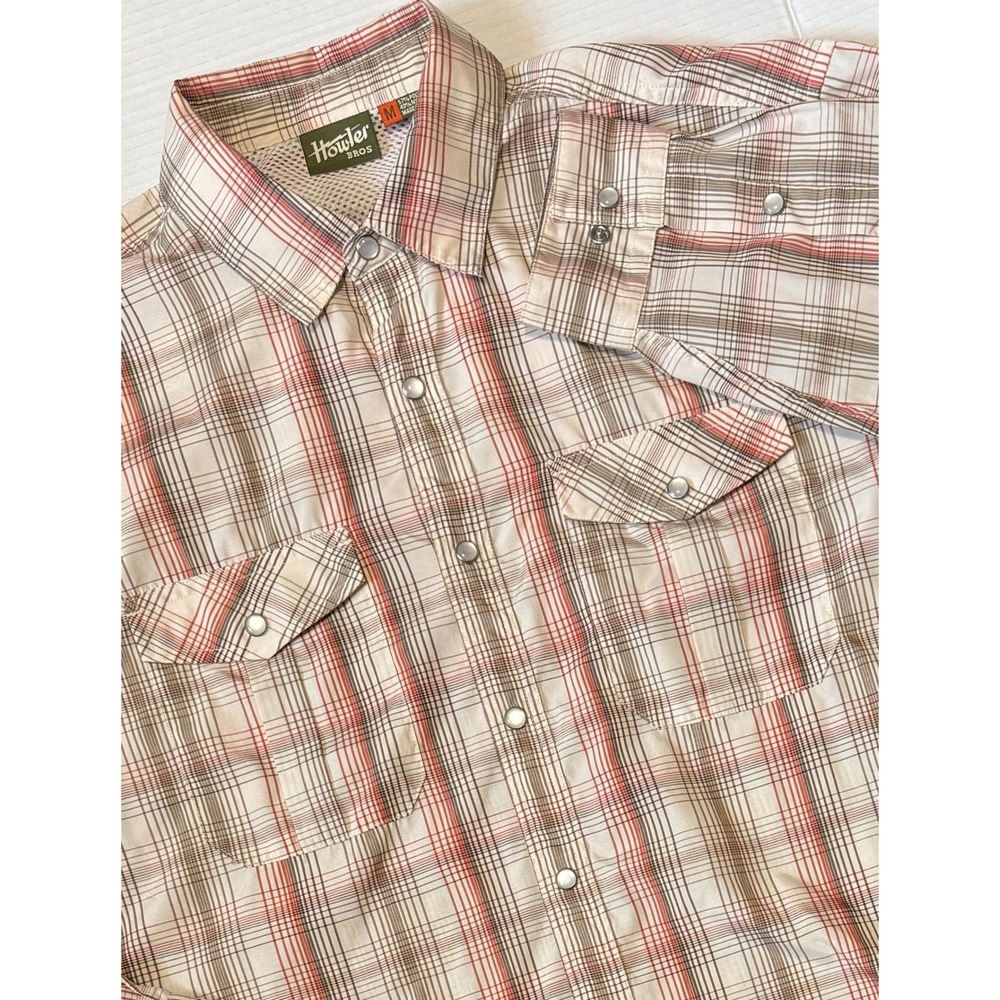 HOWLER BROS - Men's Plaid Pearl Snap Shirt - Beige Red Long Sleeve - Medium